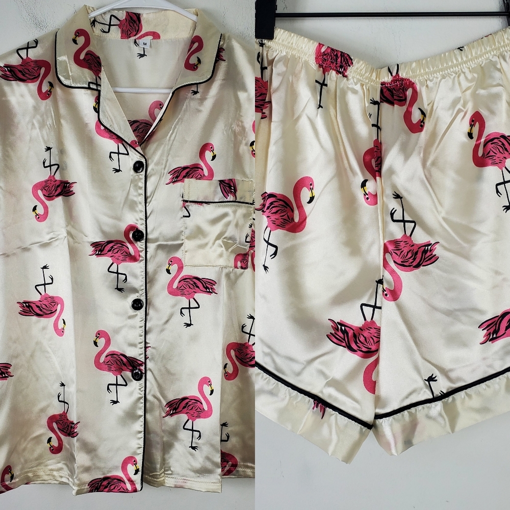Satin Flamingo Print PJ Set Womens Size M Lounge Set Shorts & Button Up Sleep